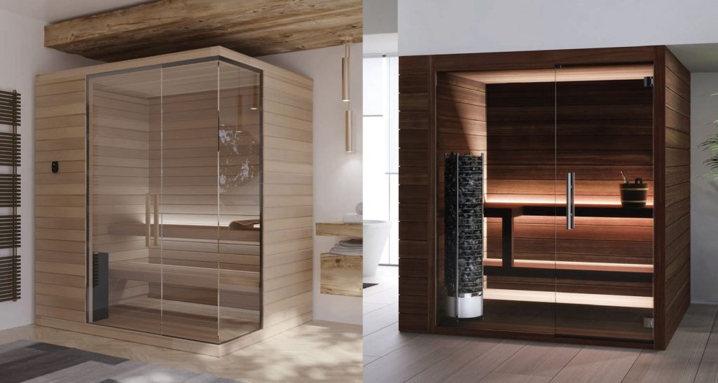 Sauna da interno di design in legno naturale con pareti in vetro, ideale per area wellness domestica