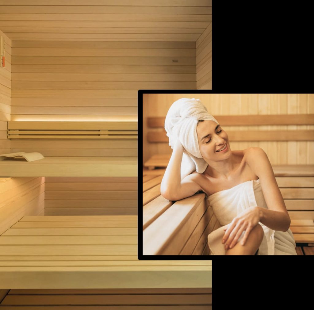 Esperienza di relax in sauna finlandese in legno naturale, ambiente wellness per benessere di corpo e mente